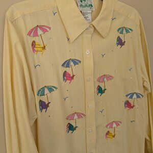 VINTAGE The Quacker Factory Medium yellow beach umbrella embroidered blouse Med.